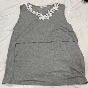 Chic Gray Tank Top Maternity & Nursing with White Floral Trim